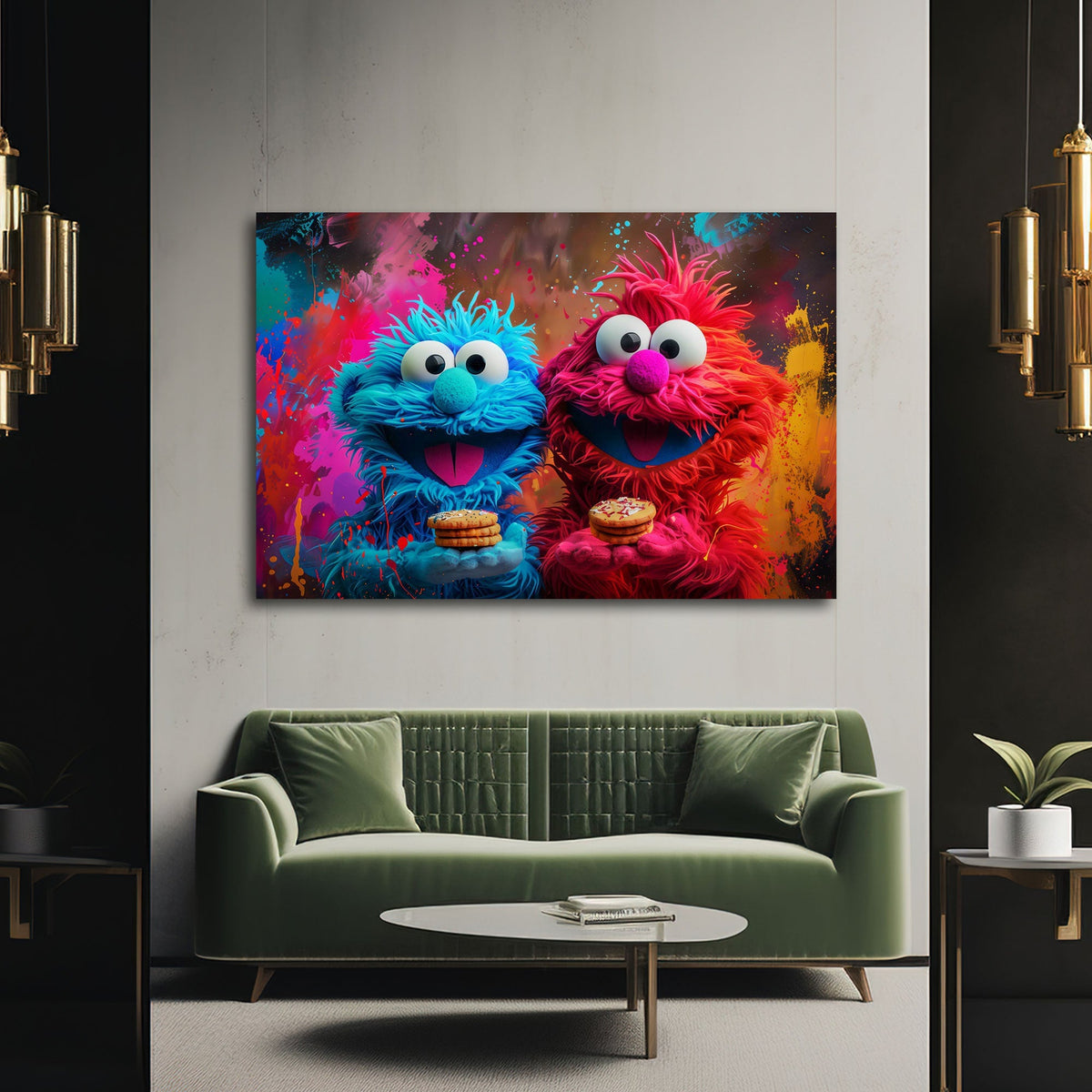 Peluche rosso e blu con biscotti su muro graffiti colorato quadro