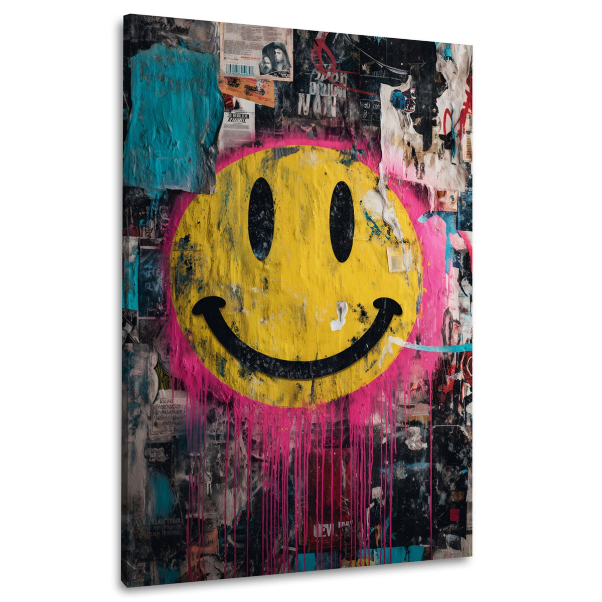Emoji giallo sorridente su muro collage in stile graffiti quadro