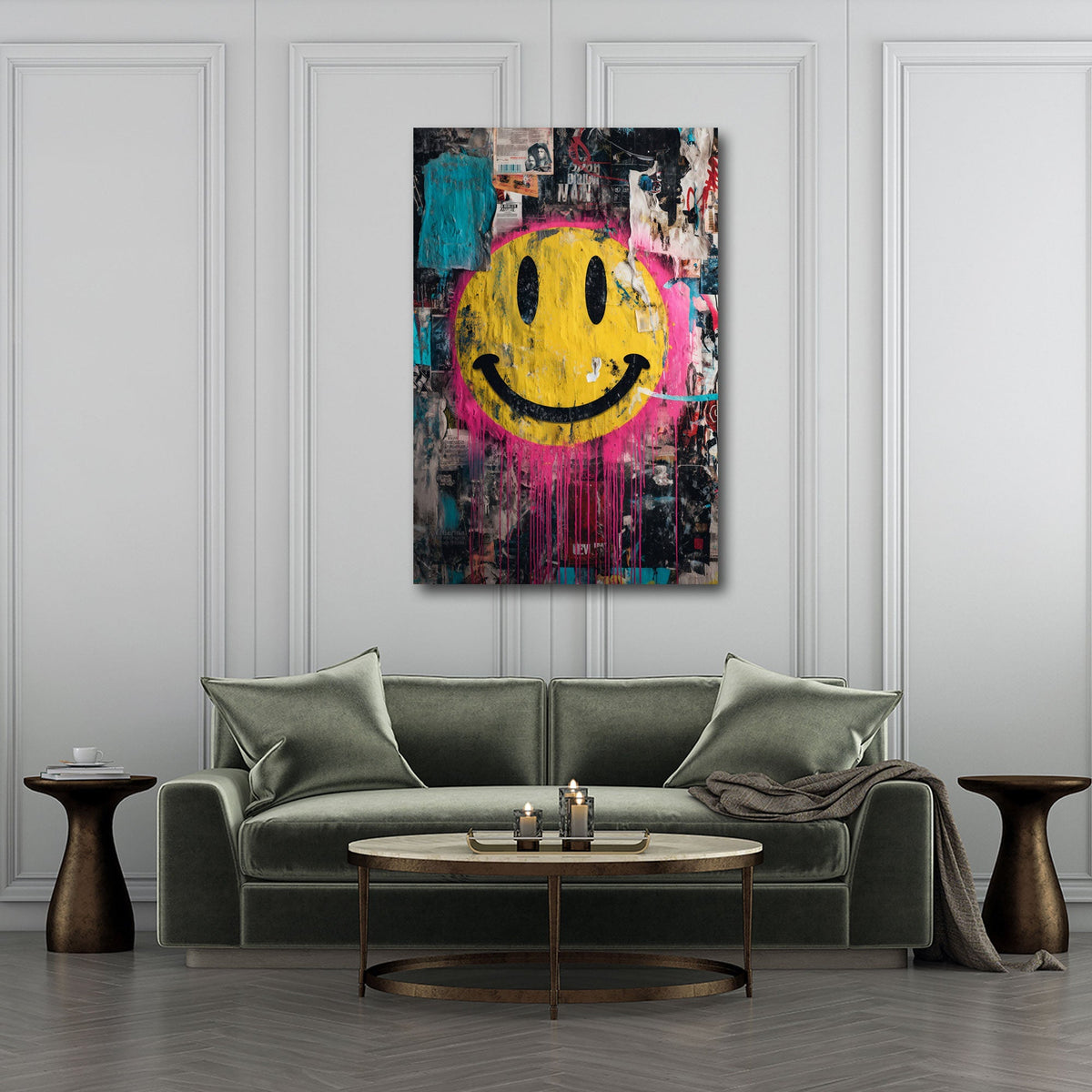 Emoji giallo sorridente su muro collage in stile graffiti quadro