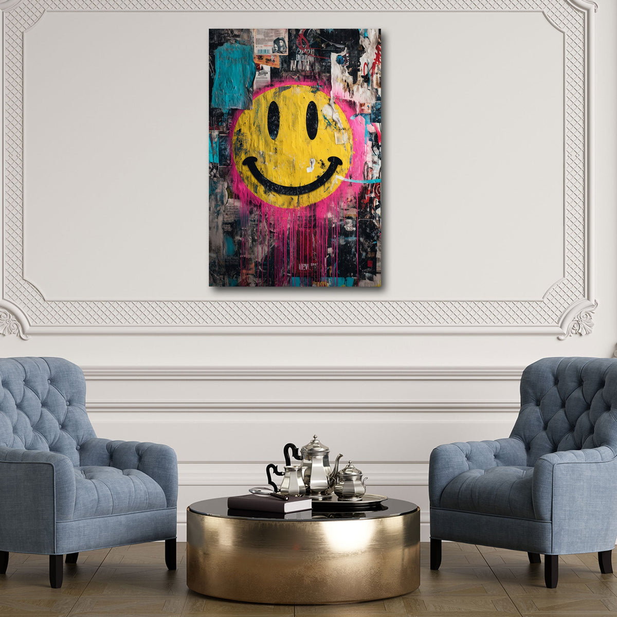Emoji giallo sorridente su muro collage in stile graffiti quadro