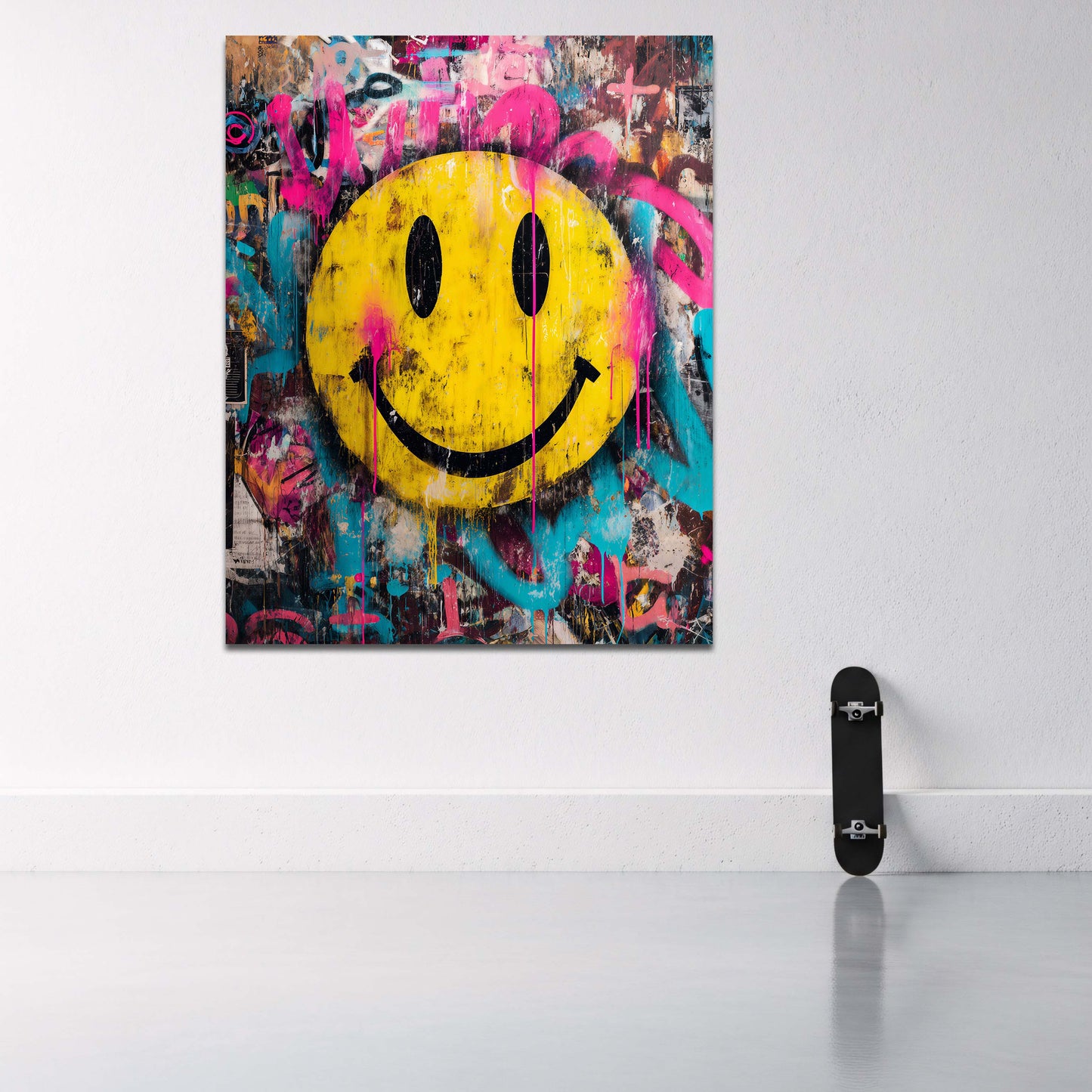 Faccina sorridente gialla su sfondo graffiti colorato quadro