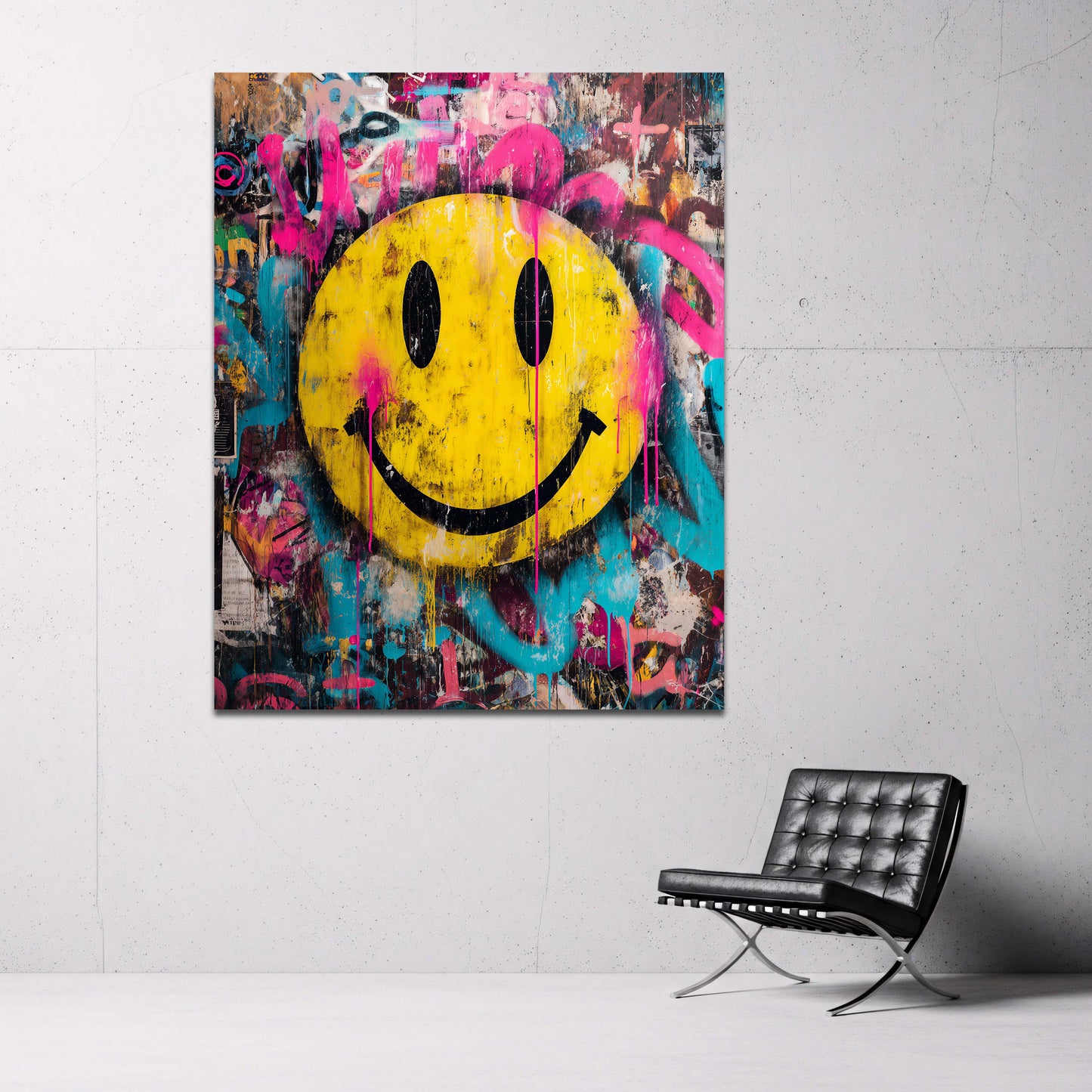 Faccina sorridente gialla su sfondo graffiti colorato quadro