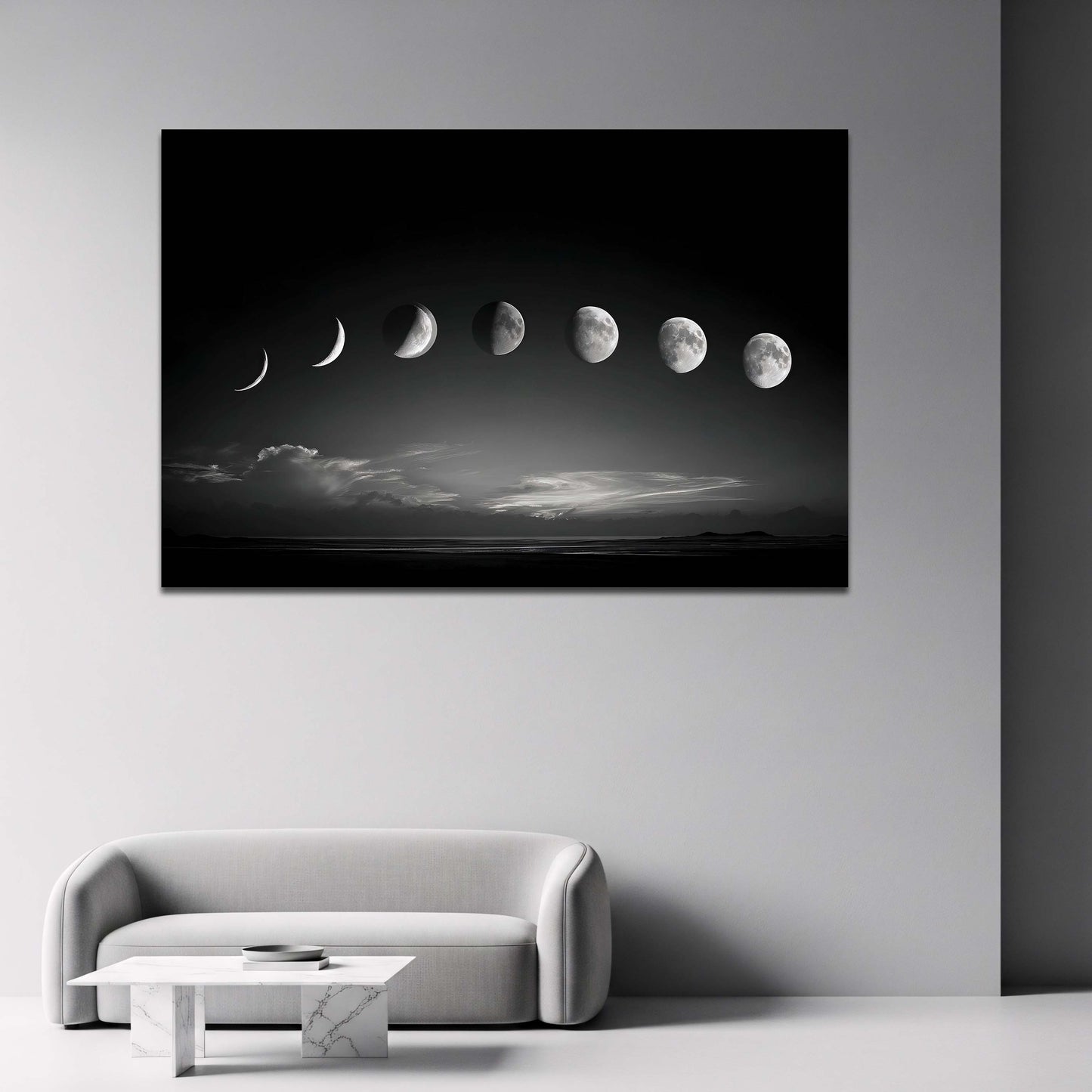Fasi lunari in bianco e nero sopra l'oceano notturno quadro