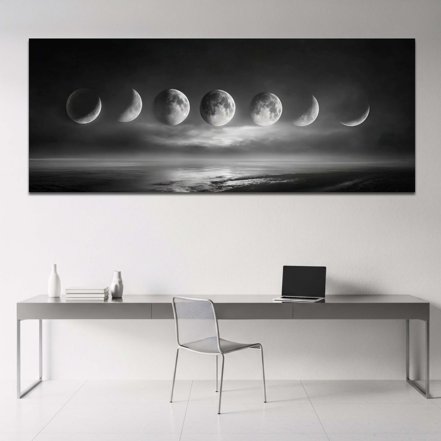 Fasi lunari panorama con nebbia e riflesso sull'acqua quadro