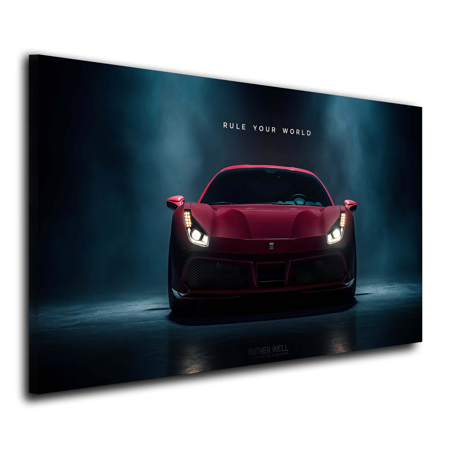 Ferrari rossa con scritta Rule Your World luci potenti quadro