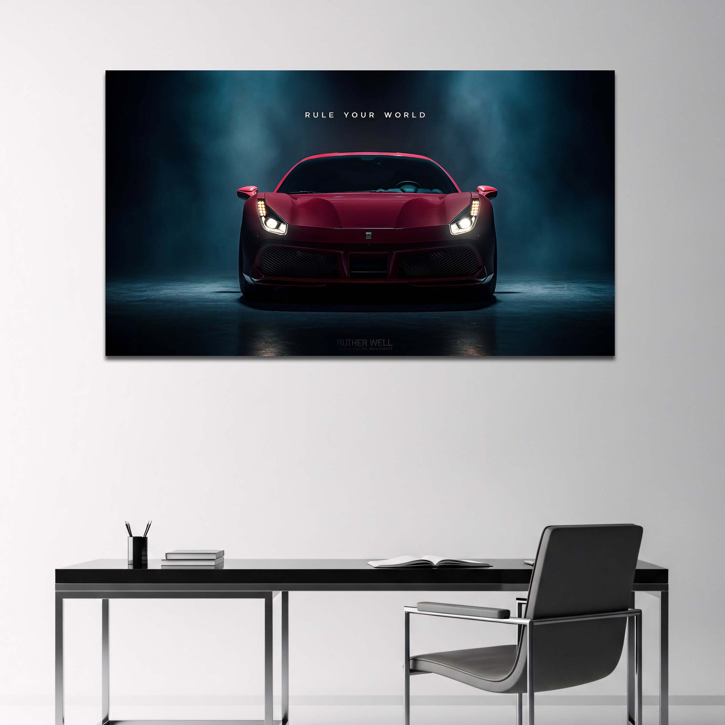 Ferrari rossa con scritta Rule Your World luci potenti quadro