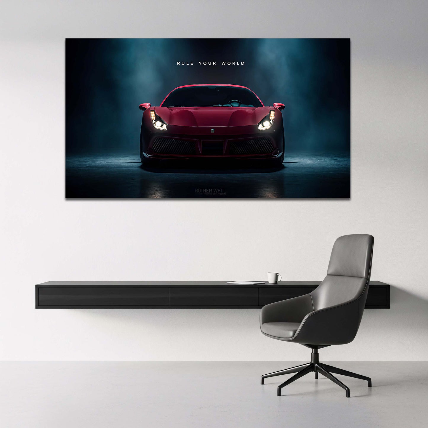 Ferrari rossa con scritta Rule Your World luci potenti quadro