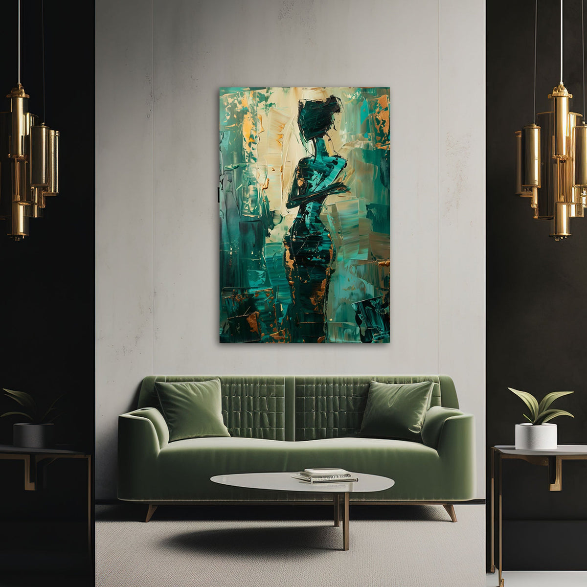 Quadro figura femminile verde in soggiorno