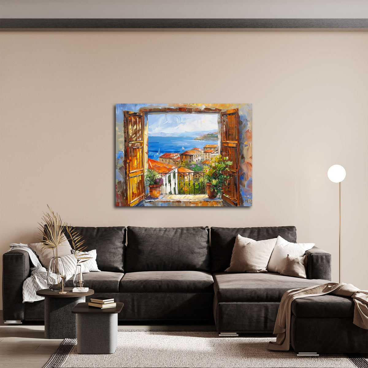 Quadro finestra costa e tetti rossi in soggiorno