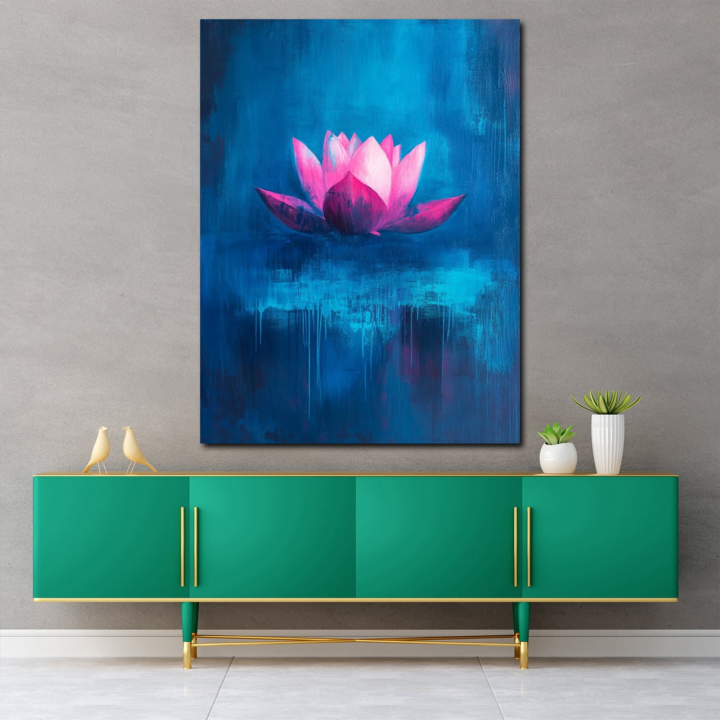 Fiore di loto rosa sfondo blu arte meditativa quadro