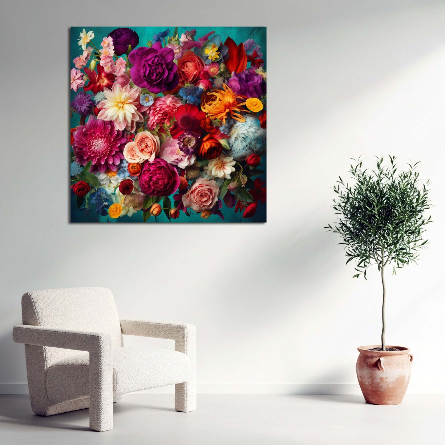 Fiori bouquet colorati rose peonie sfondo turchese quadro