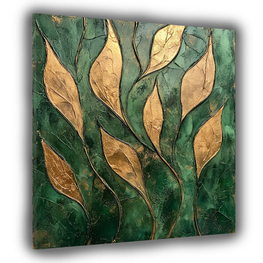 Foglie dorate in rilievo sfondo verde quadro