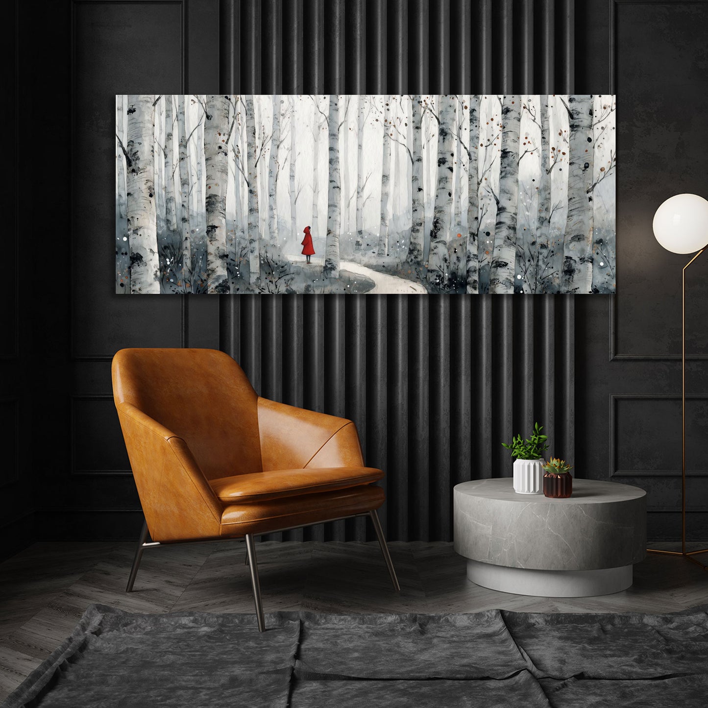 Foresta di betulle panorama sentiero nel bosco mantello rosso quadro