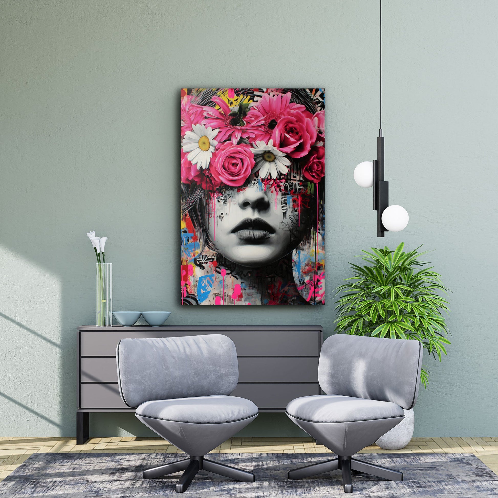 Donna con corona di fiori e Street Art quadro