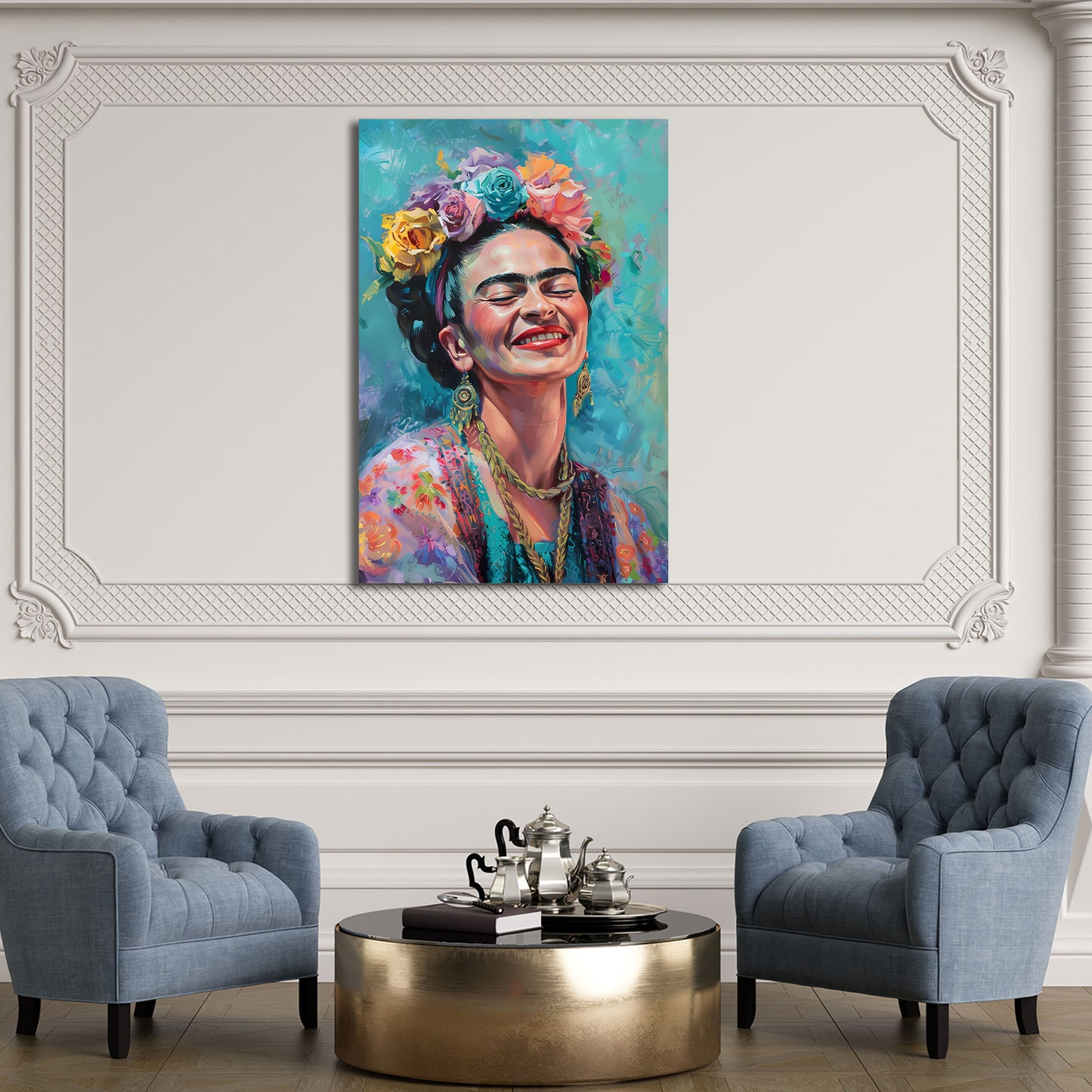 Frida felice con fiori colorati e sorriso quadro