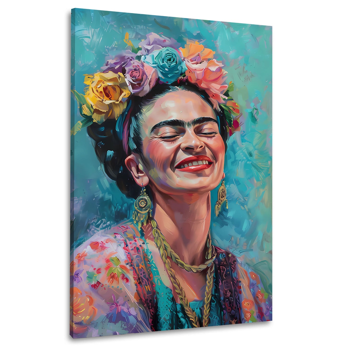 Frida felice con fiori colorati e sorriso quadro