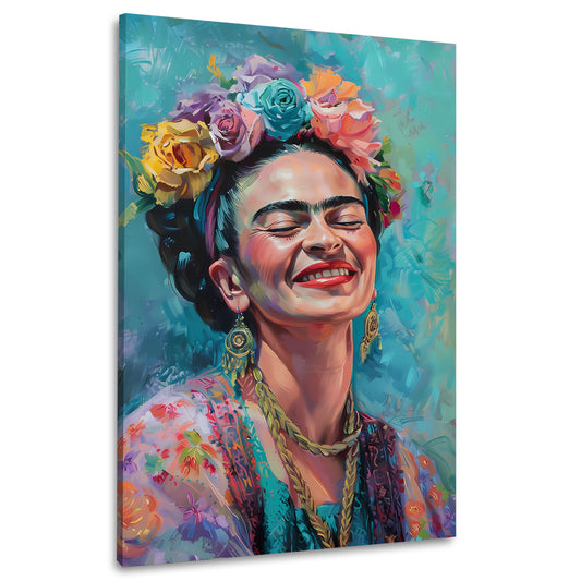 Frida felice con fiori colorati e sorriso quadro