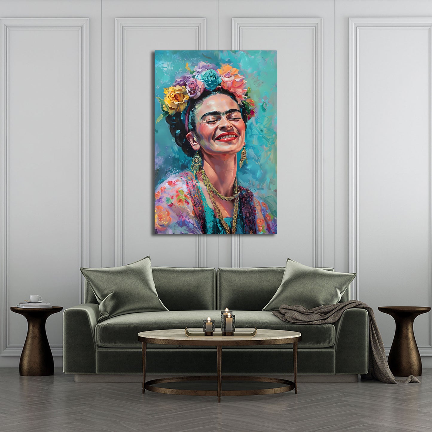 Frida felice con fiori colorati e sorriso quadro