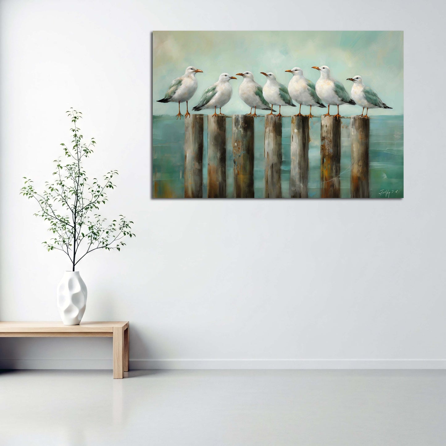 Gabbiani su pali in riva al mare in stile pittorico quadro