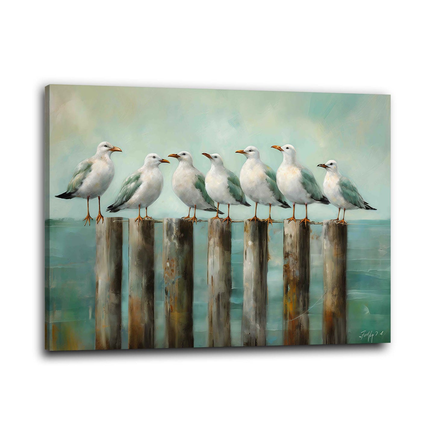 Gabbiani su pali in riva al mare in stile pittorico quadro
