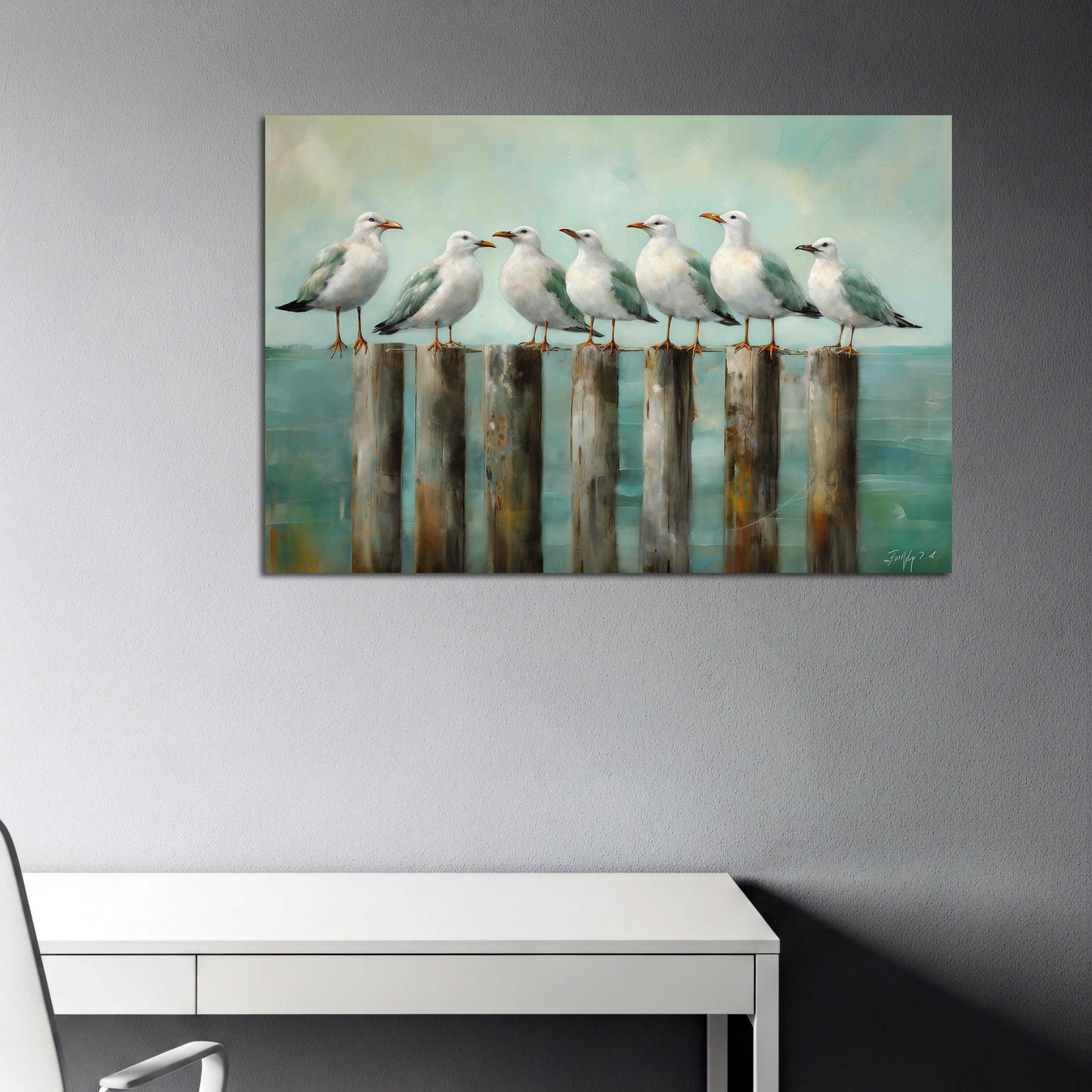 Gabbiani su pali in riva al mare in stile pittorico quadro