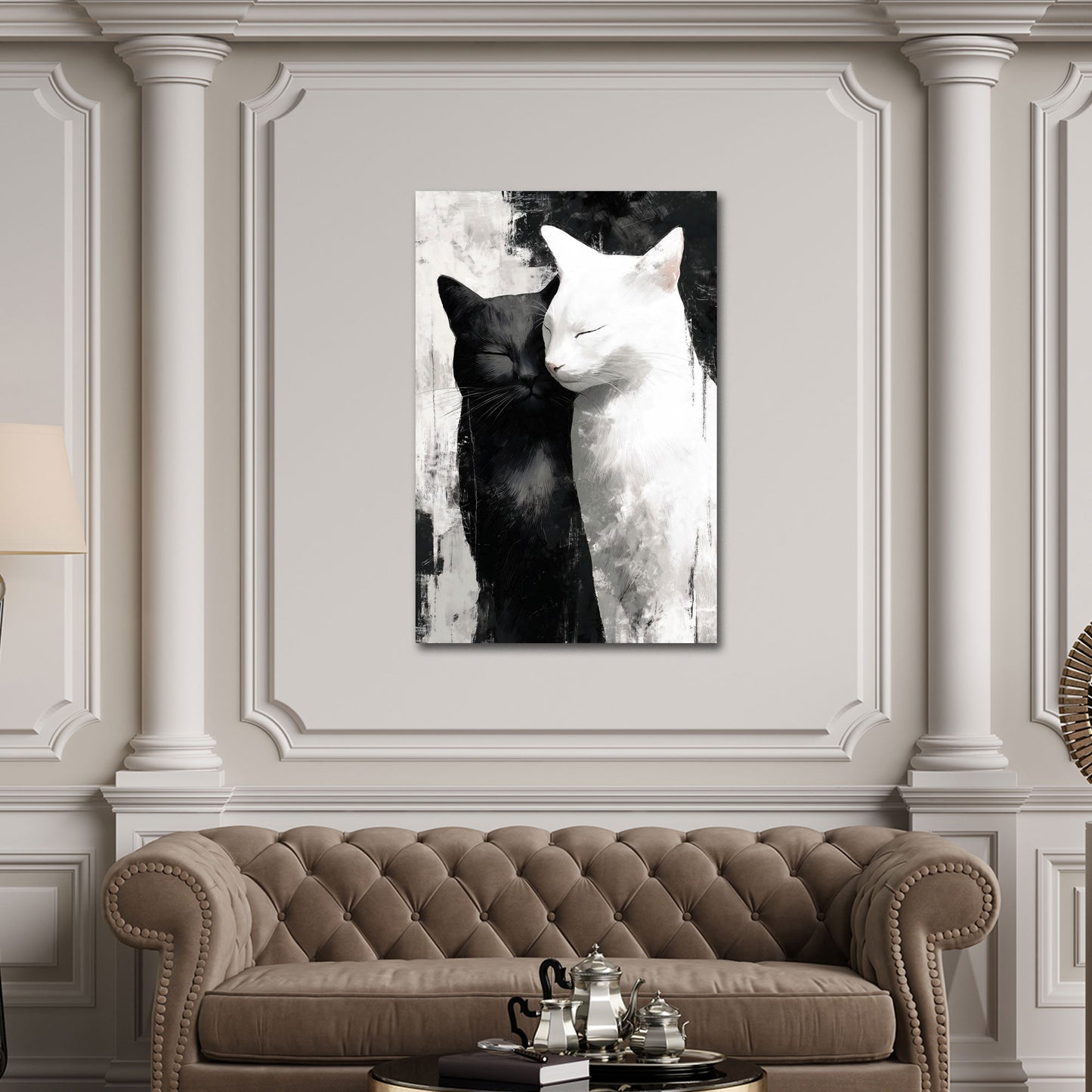 Gatti bianco e nero in dolce abbraccio armonioso quadro