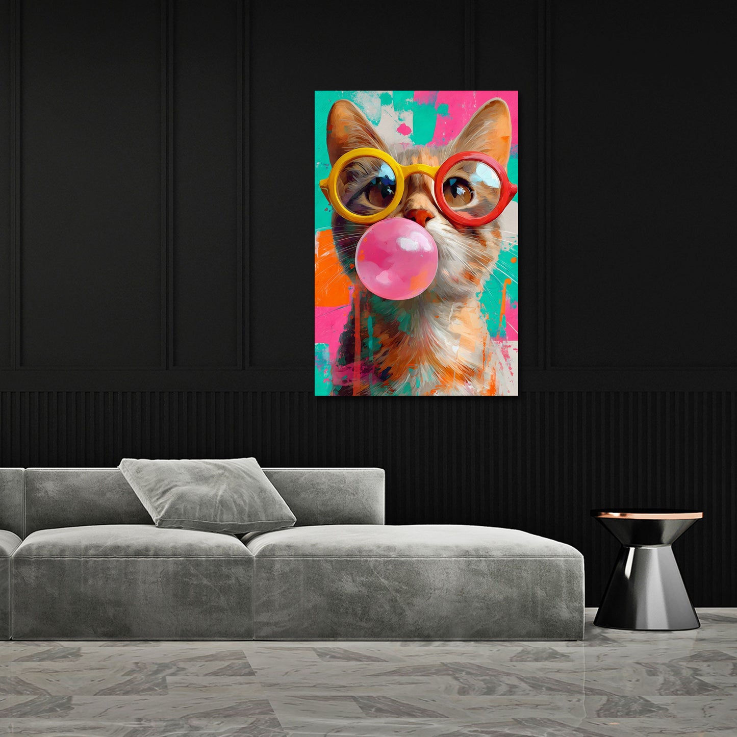 Gatto colorato Pop Art con occhiali e gomma quadro