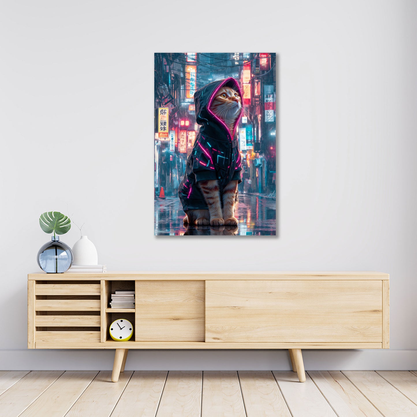 Gatto cyberpunk felpa neon città futuristica pioggia quadro