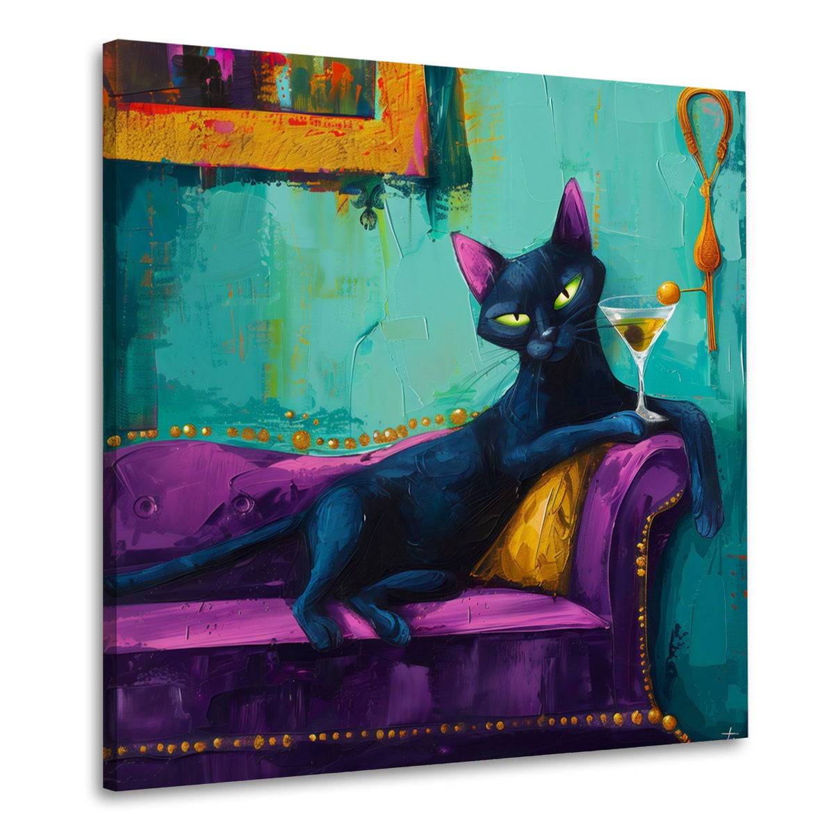 Gatto in poltrona lounge con un cocktail quadro