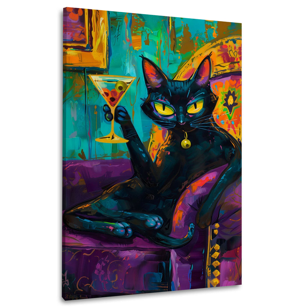 Gatto nero con cocktail su divano viola quadro