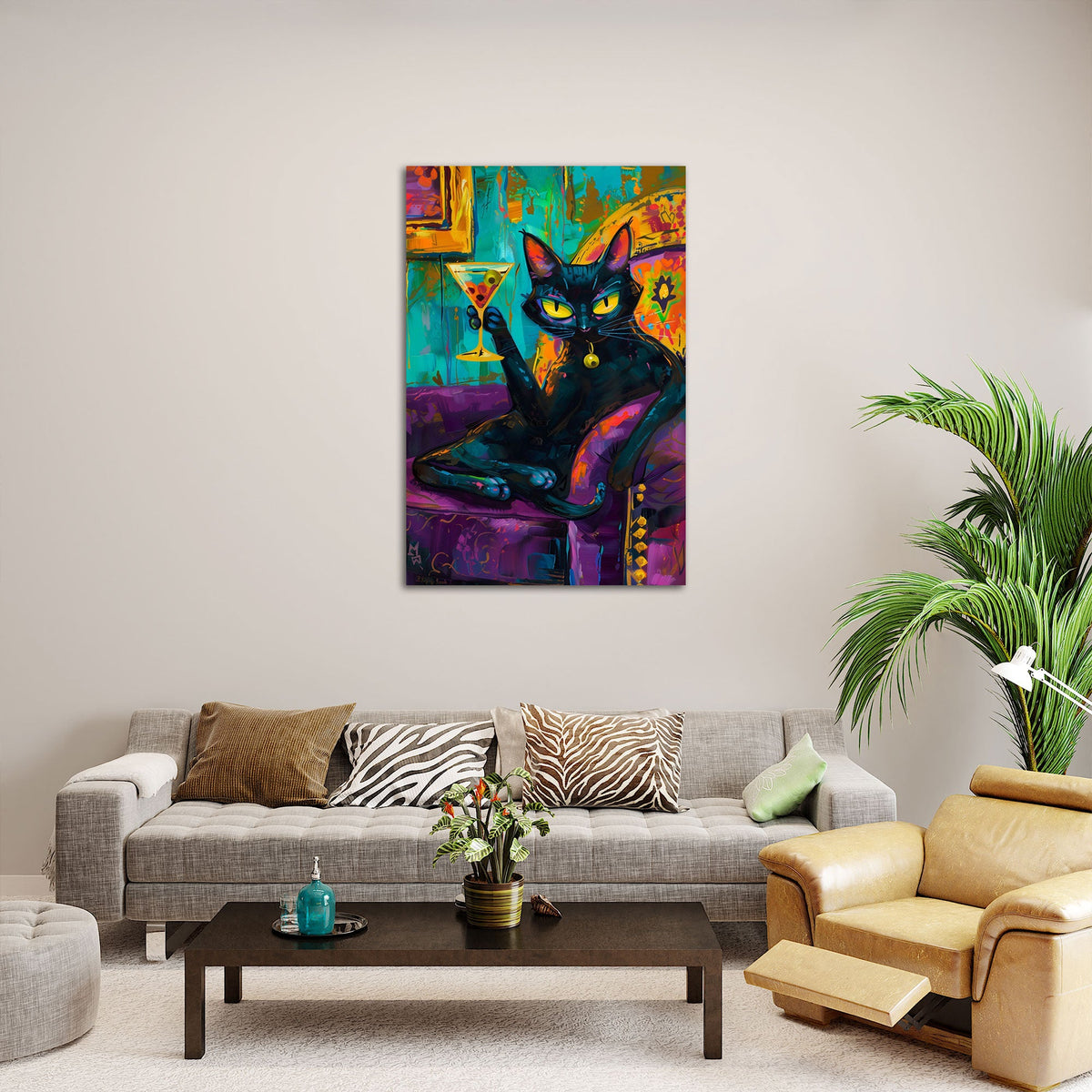 Quadro gatto nero elegante in soggiorno