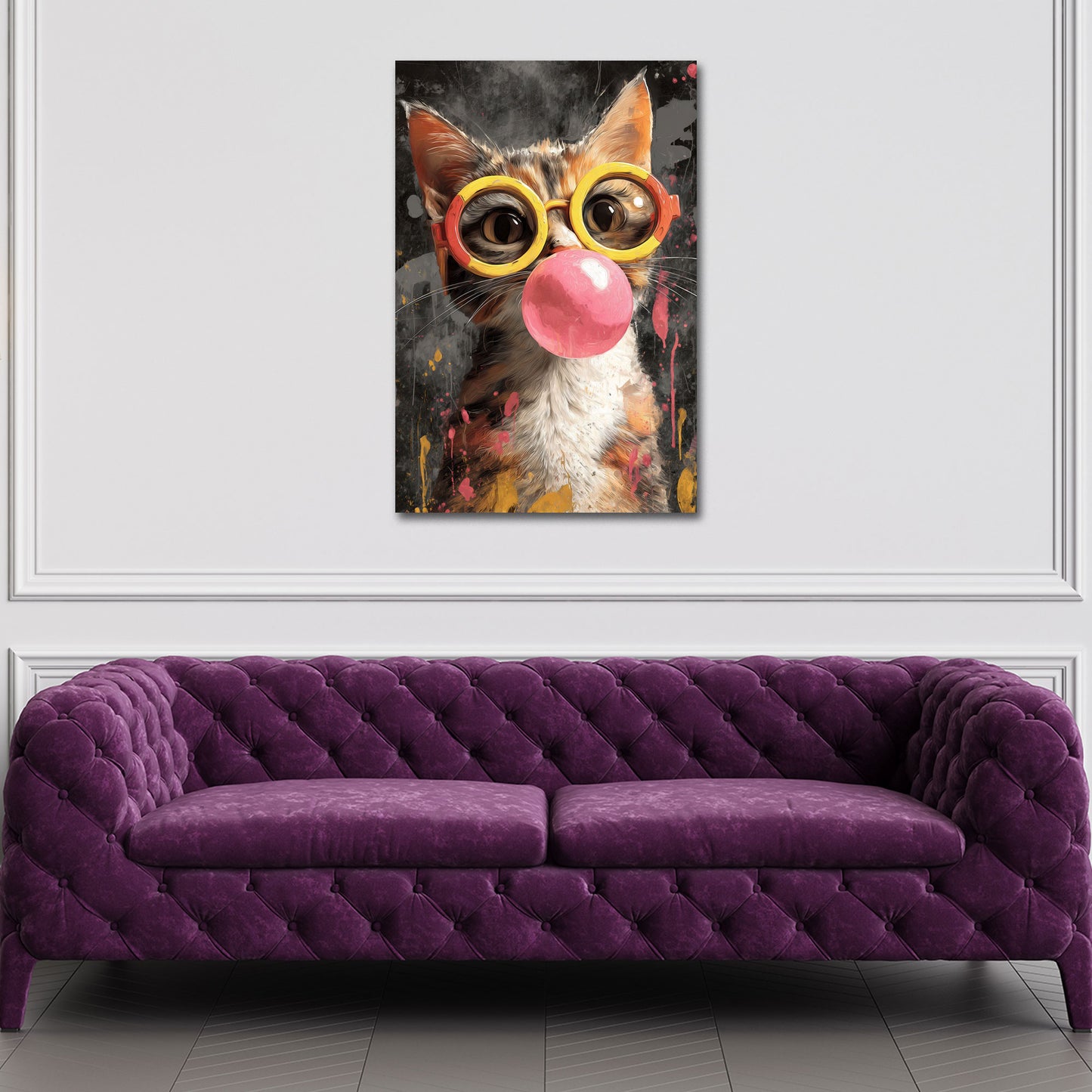 Gatto Pop Art con occhiali e grande bolla di gomma quadro