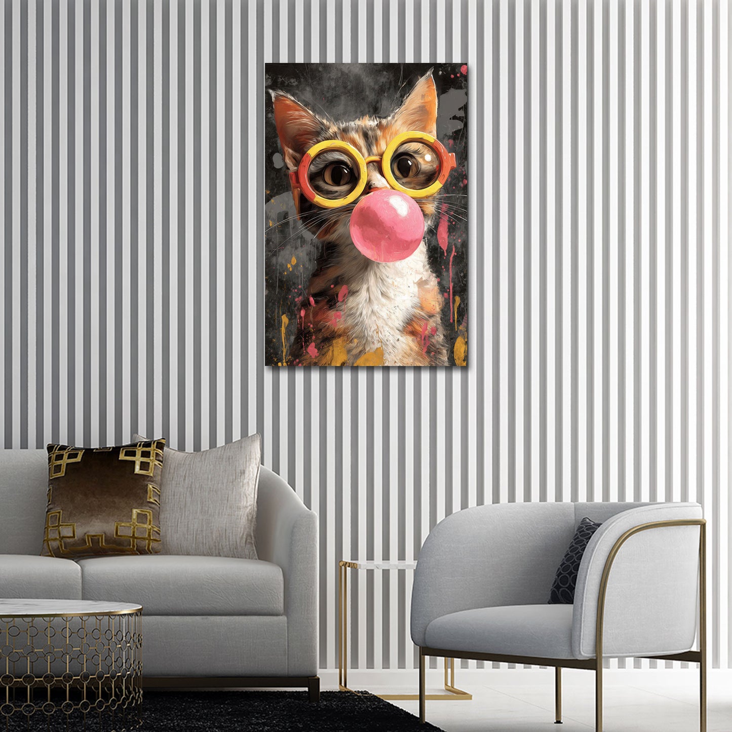 Gatto Pop Art con occhiali e grande bolla di gomma quadro