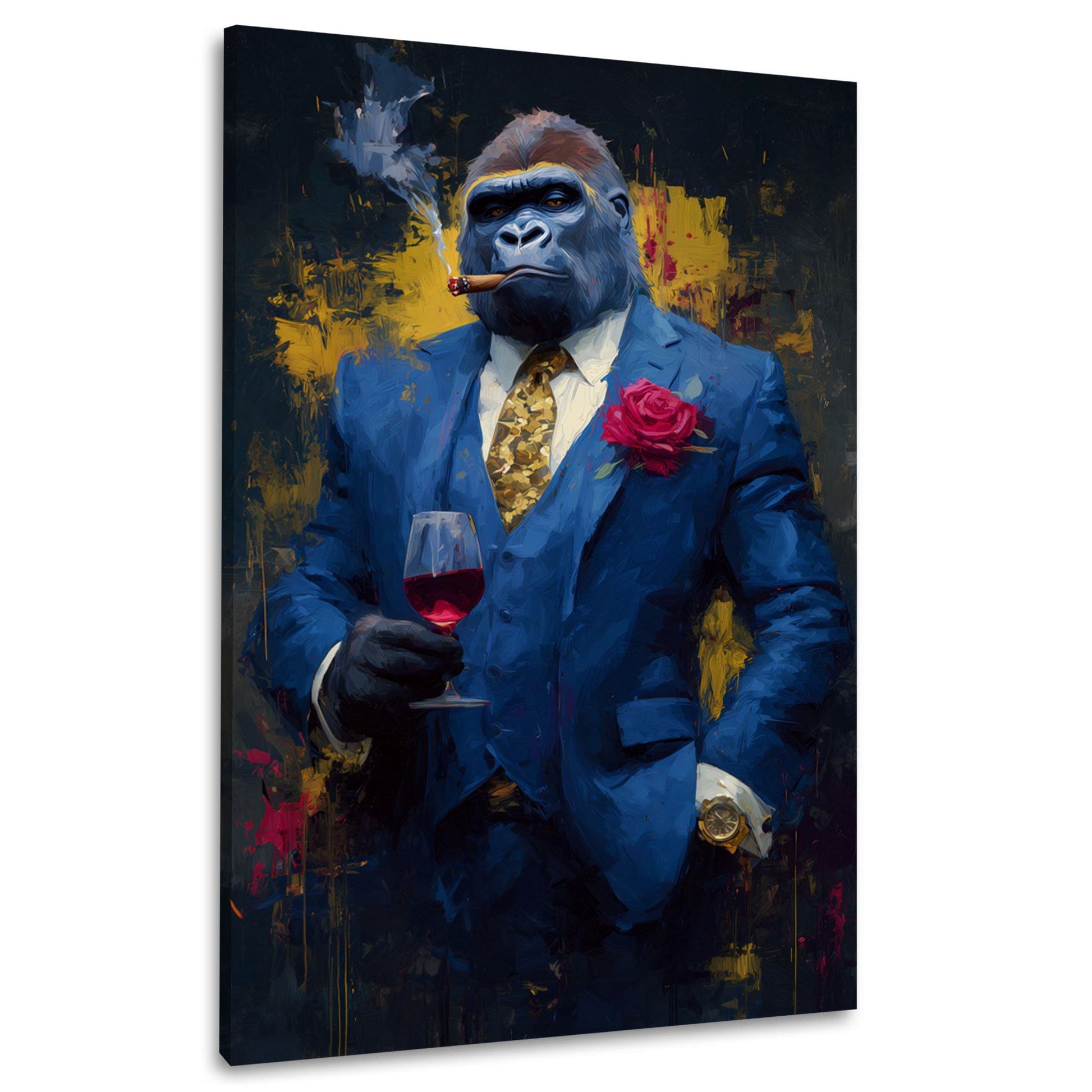 Gorilla in abito blu di lusso con vino e sigaro quadro