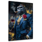 Gorilla in abito blu elegante con vino e sigaro quadro