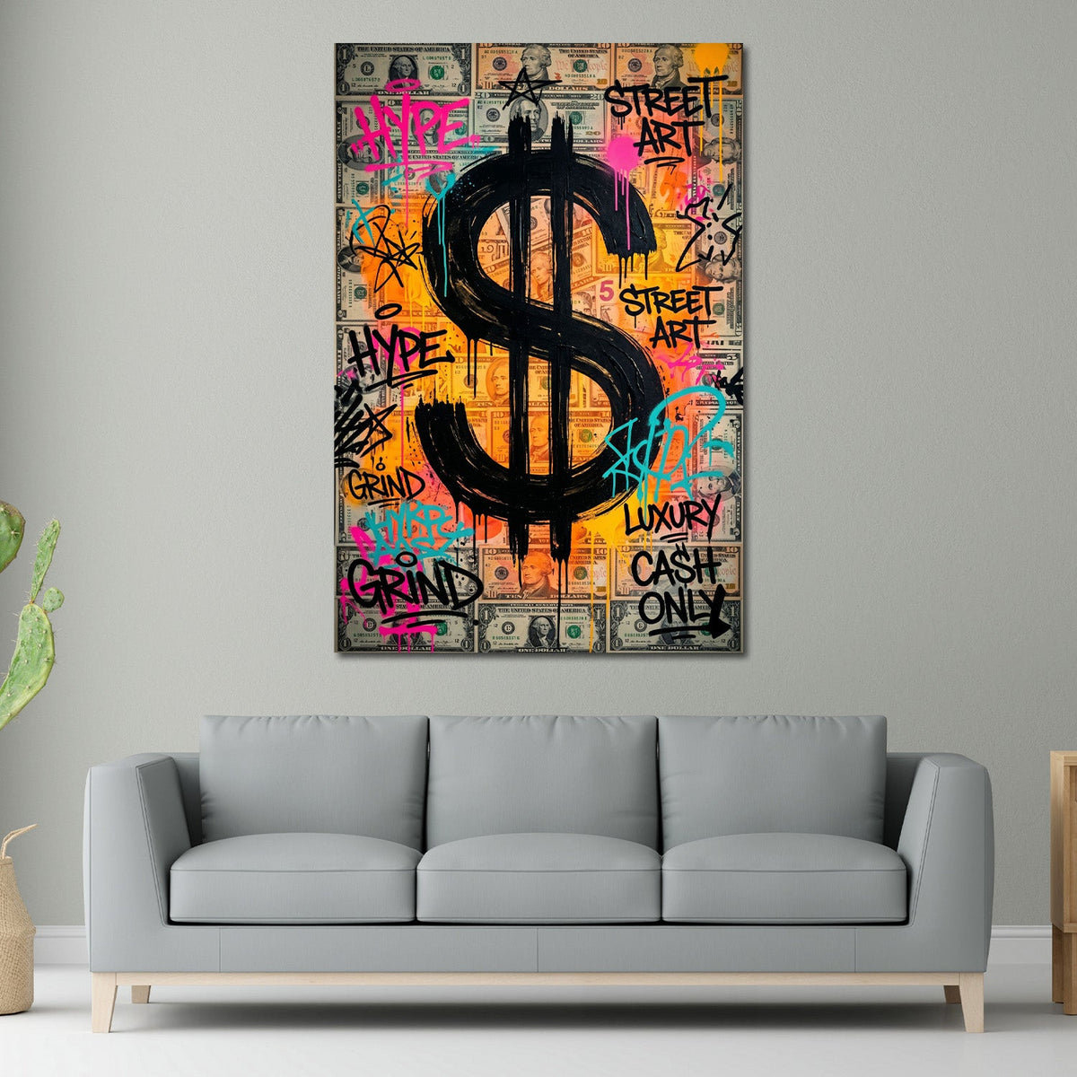 Graffiti street art dollari quadro in soggiorno