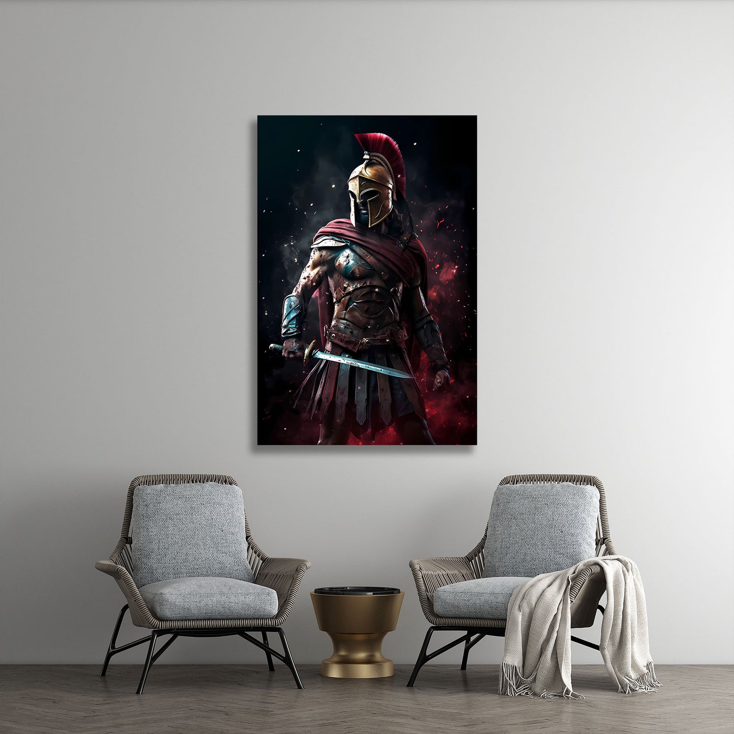 Guerriero spartano elmo spada battaglia epica quadro