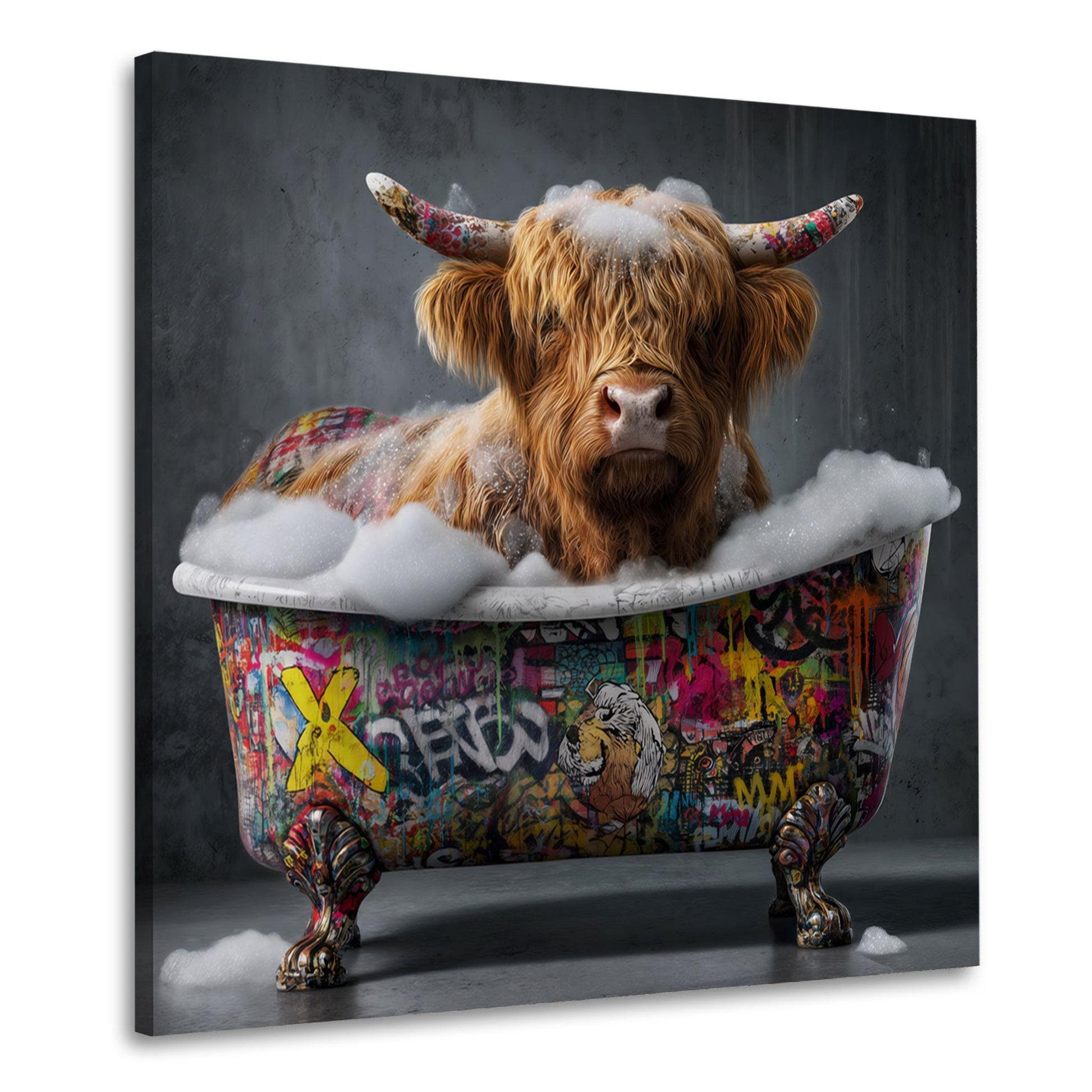 Mucca Highland nel bagno di schiuma con vasca Street Art quadro