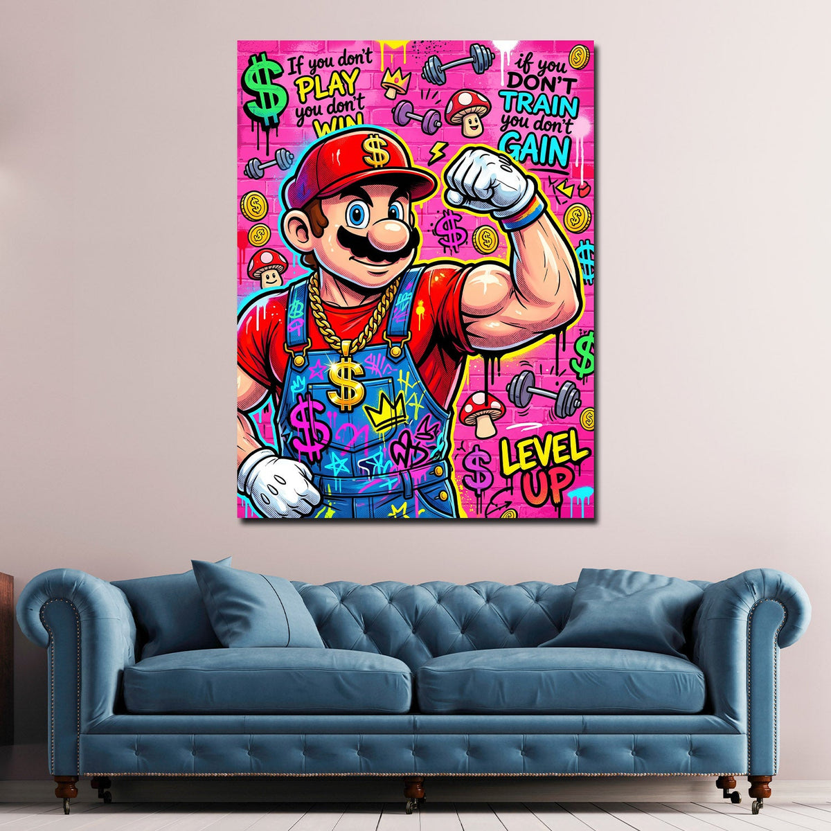 Quadro Fitness Pop Art con idraulico comic appeso in palestra