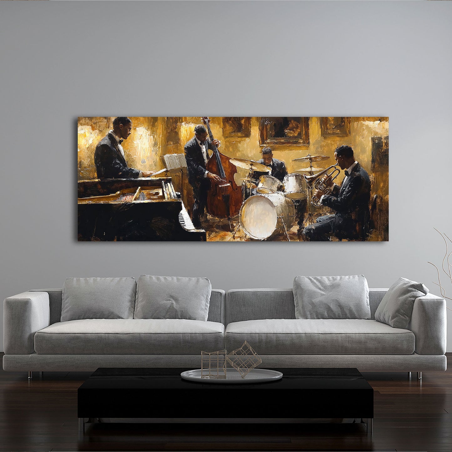 Jazz strumenti contrabbasso pianoforte tromba quadro