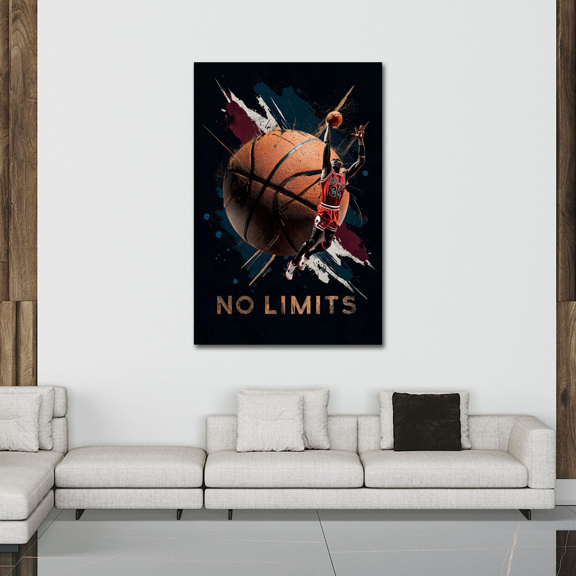 Jordan No Limits con pallone da basket e schiacciata quadro
