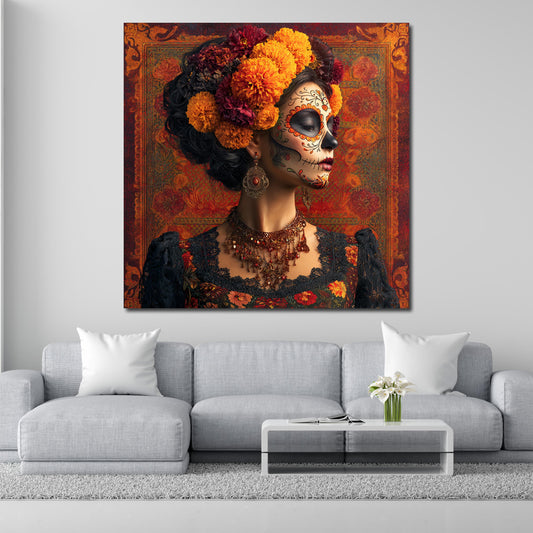 La Catrina corona di fiori arte messicana quadro