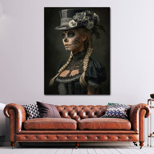 La Catrina donna elegante con cappello fiori stile quadro