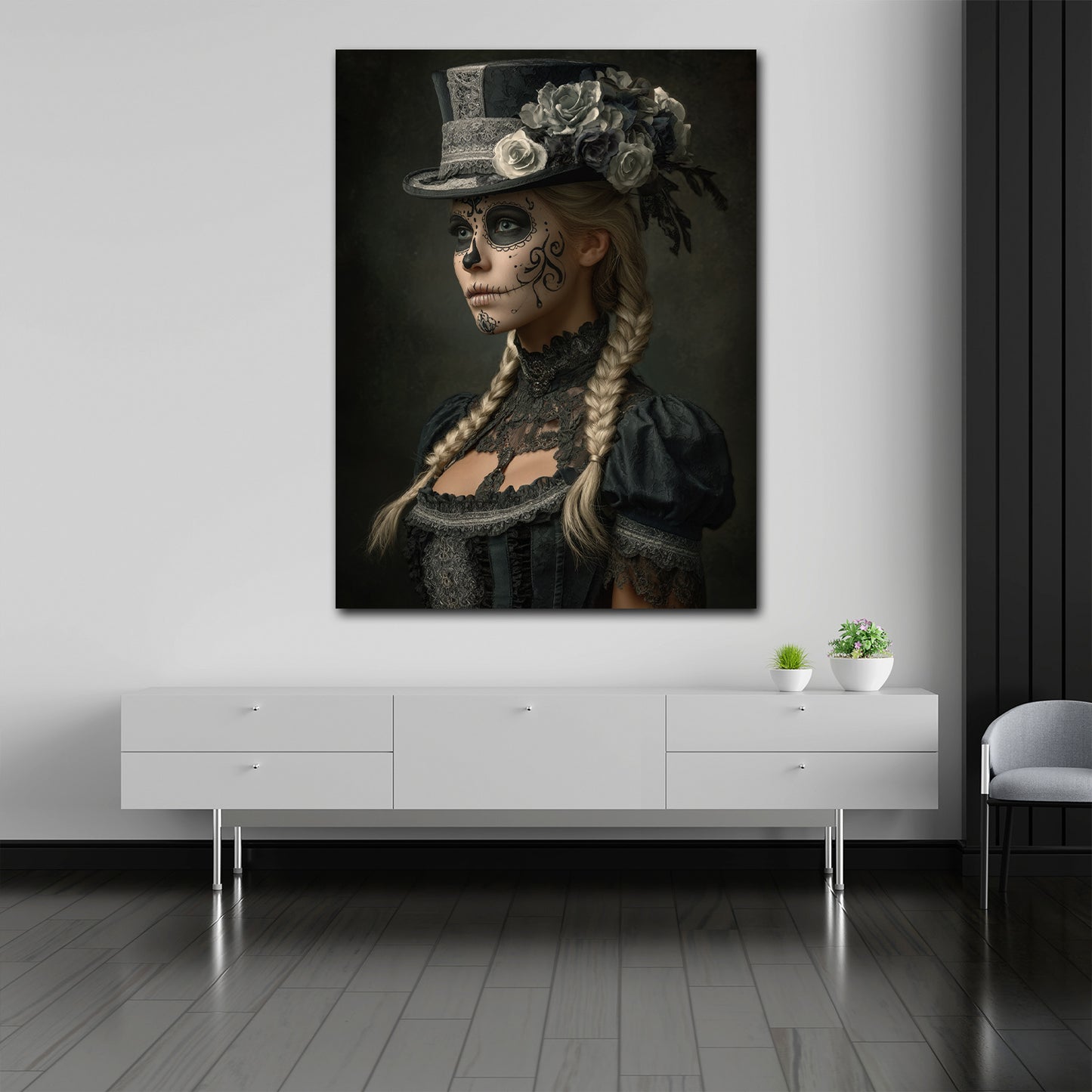 La Catrina donna elegante con cappello fiori stile quadro