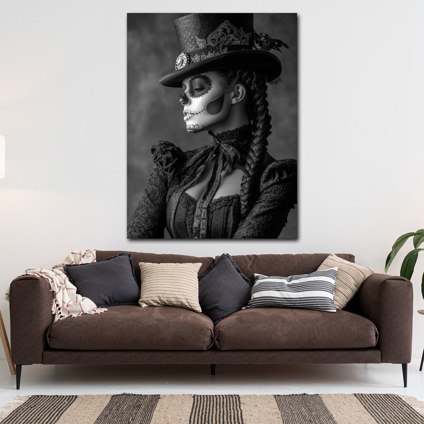 La Catrina ritratto bianco nero con cappello e treccia quadro