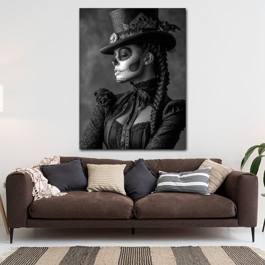La Catrina ritratto bianco nero con cappello e treccia quadro