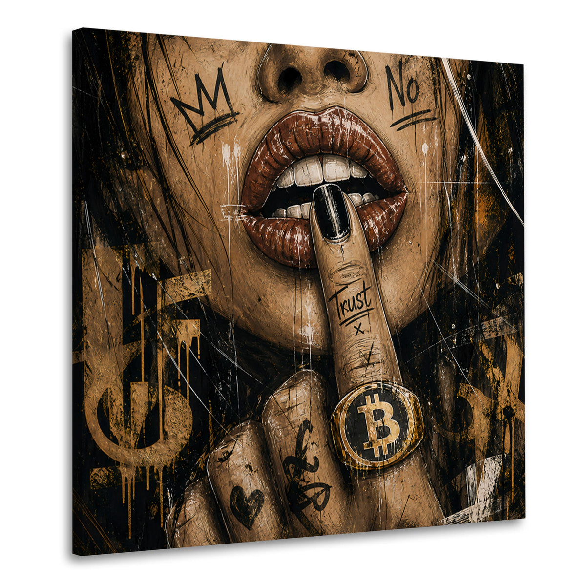 Labbra con simbolo Bitcoin oro in stile Street Art quadro