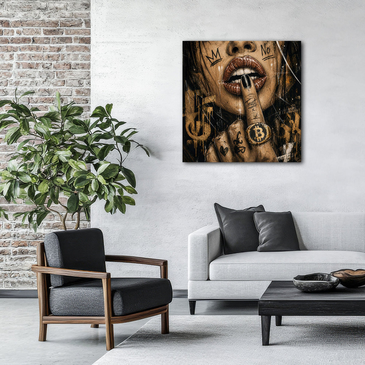 Labbra con simbolo Bitcoin oro in stile Street Art quadro
