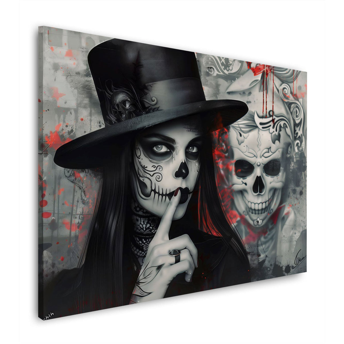 Lady gothic con cilindro accanto a un teschio in rosso quadro