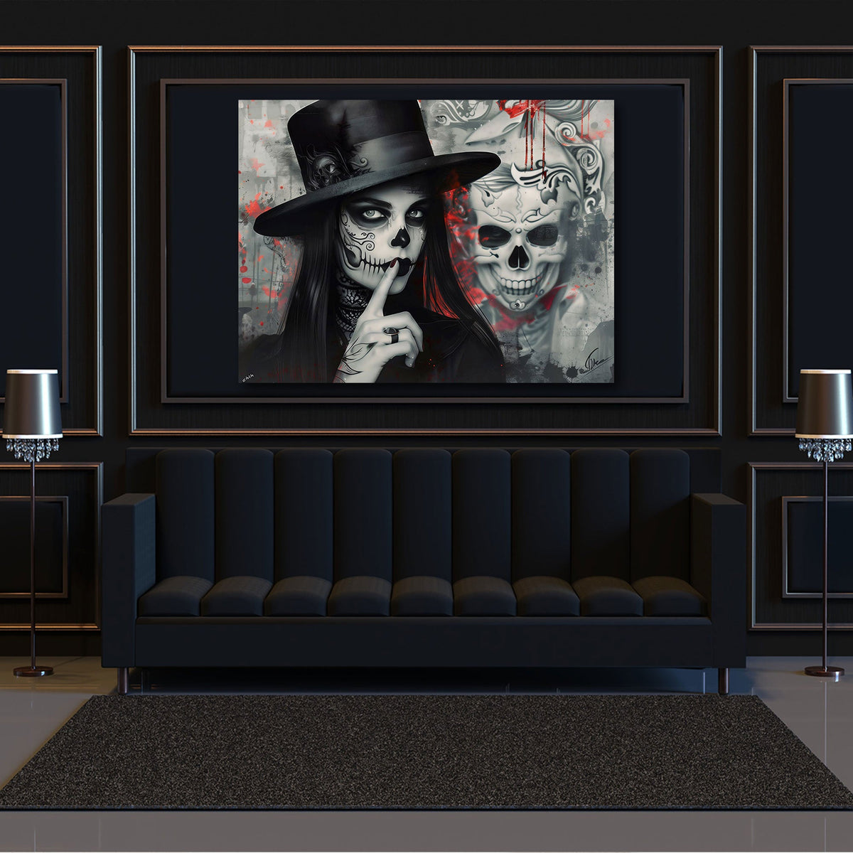Lady gothic con cilindro accanto a un teschio in rosso quadro